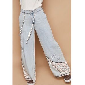POL Light Blue Floral Embroidered Wide Leg Jeans